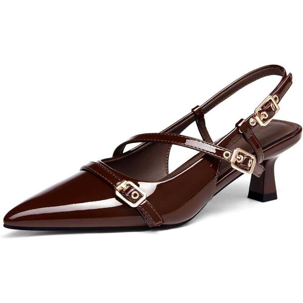 Women's Brown Slingback Kitten Heels Low Heel Closed Pointed Toe Pumps Buckle